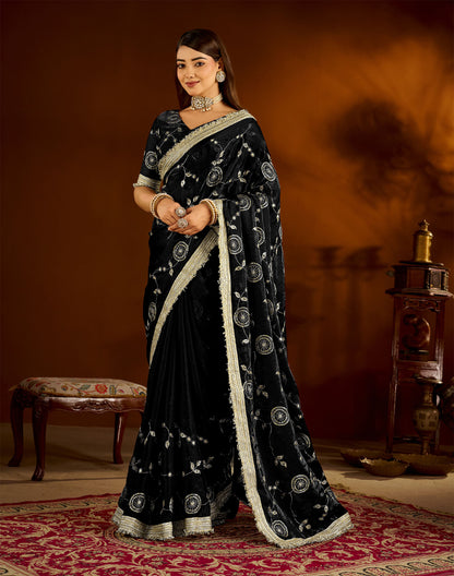 Black Satin Silk Saree with Heavy Embroidered Work