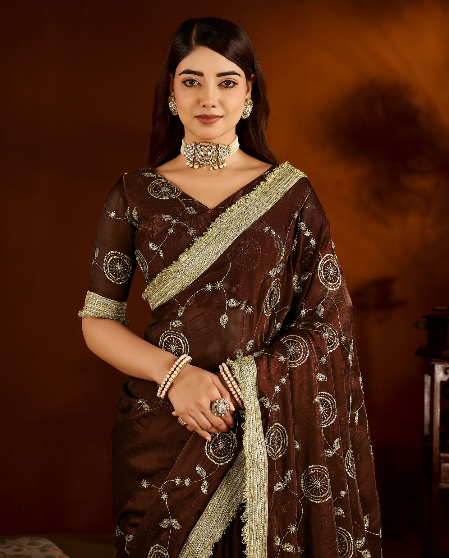 Choclate Color Satin Silk Saree with Heavy Embroidered Work