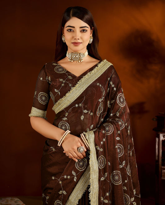 Choclate Color Satin Silk Saree with Heavy Embroidered Work