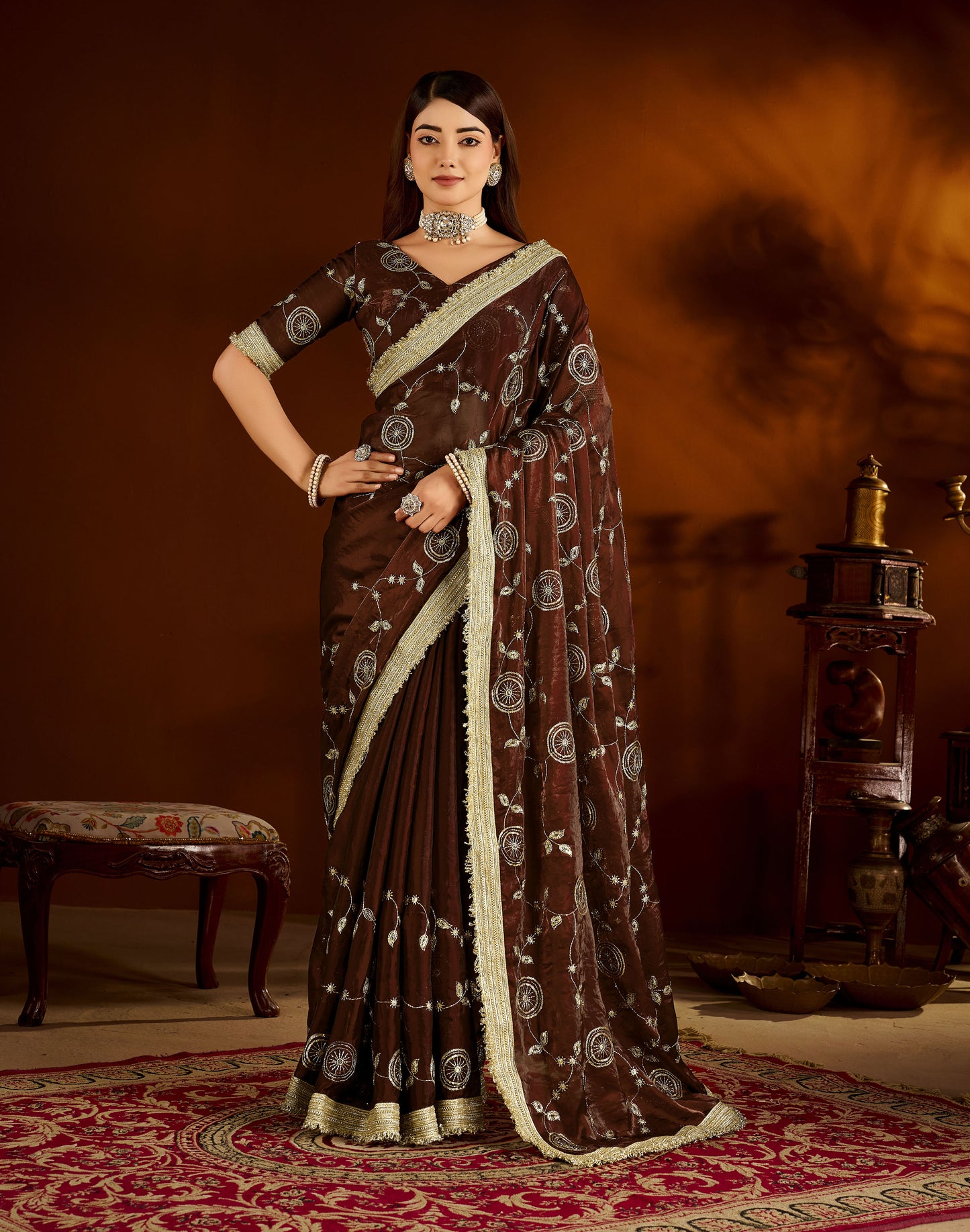 Choclate Color Satin Silk Saree with Heavy Embroidered Work