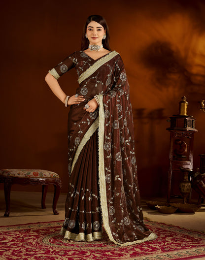 Choclate Color Satin Silk Saree with Heavy Embroidered Work