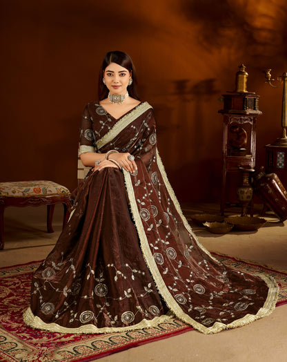 Choclate Color Satin Silk Saree with Heavy Embroidered Work