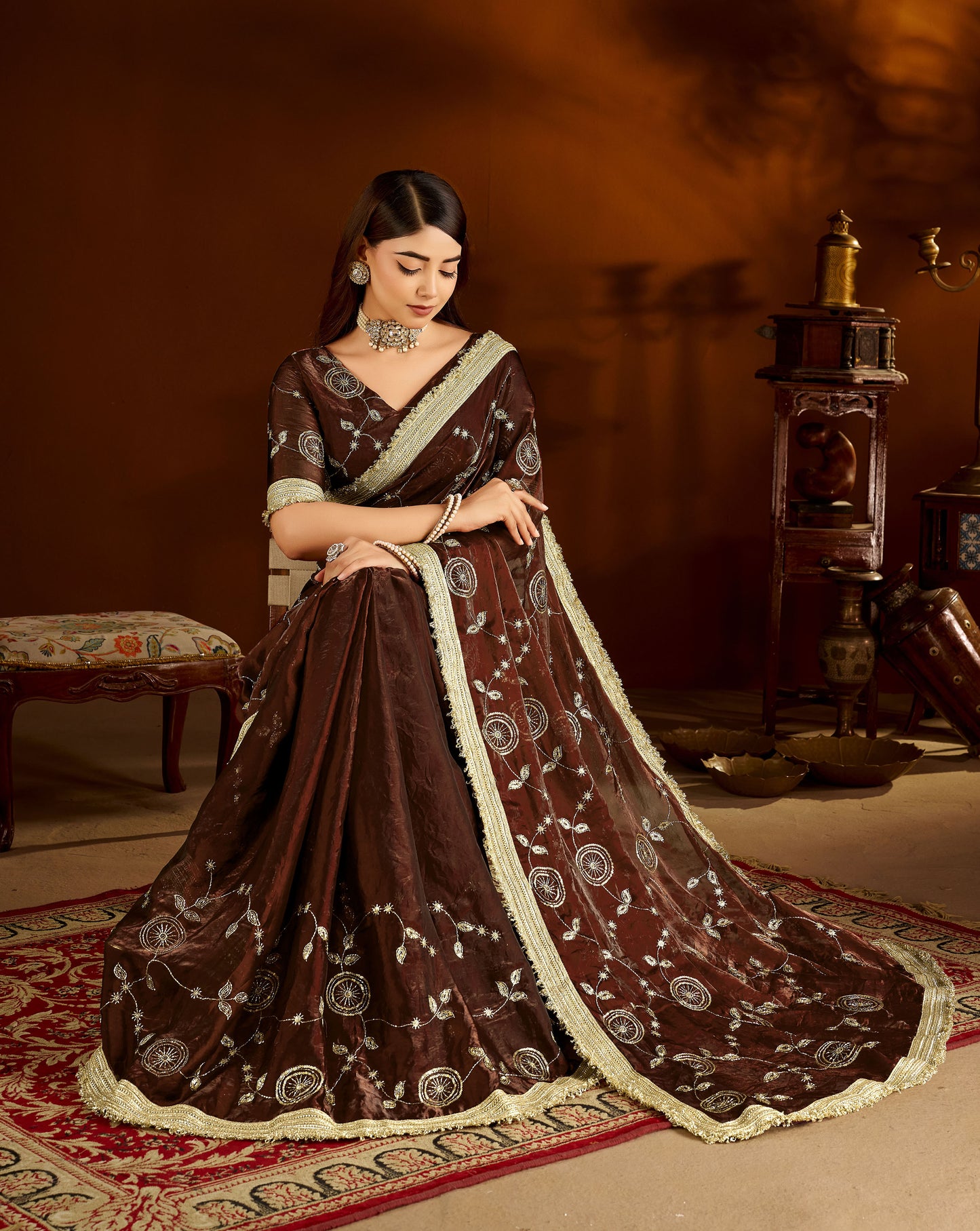 Choclate Color Satin Silk Saree with Heavy Embroidered Work