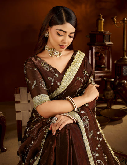 Choclate Color Satin Silk Saree with Heavy Embroidered Work