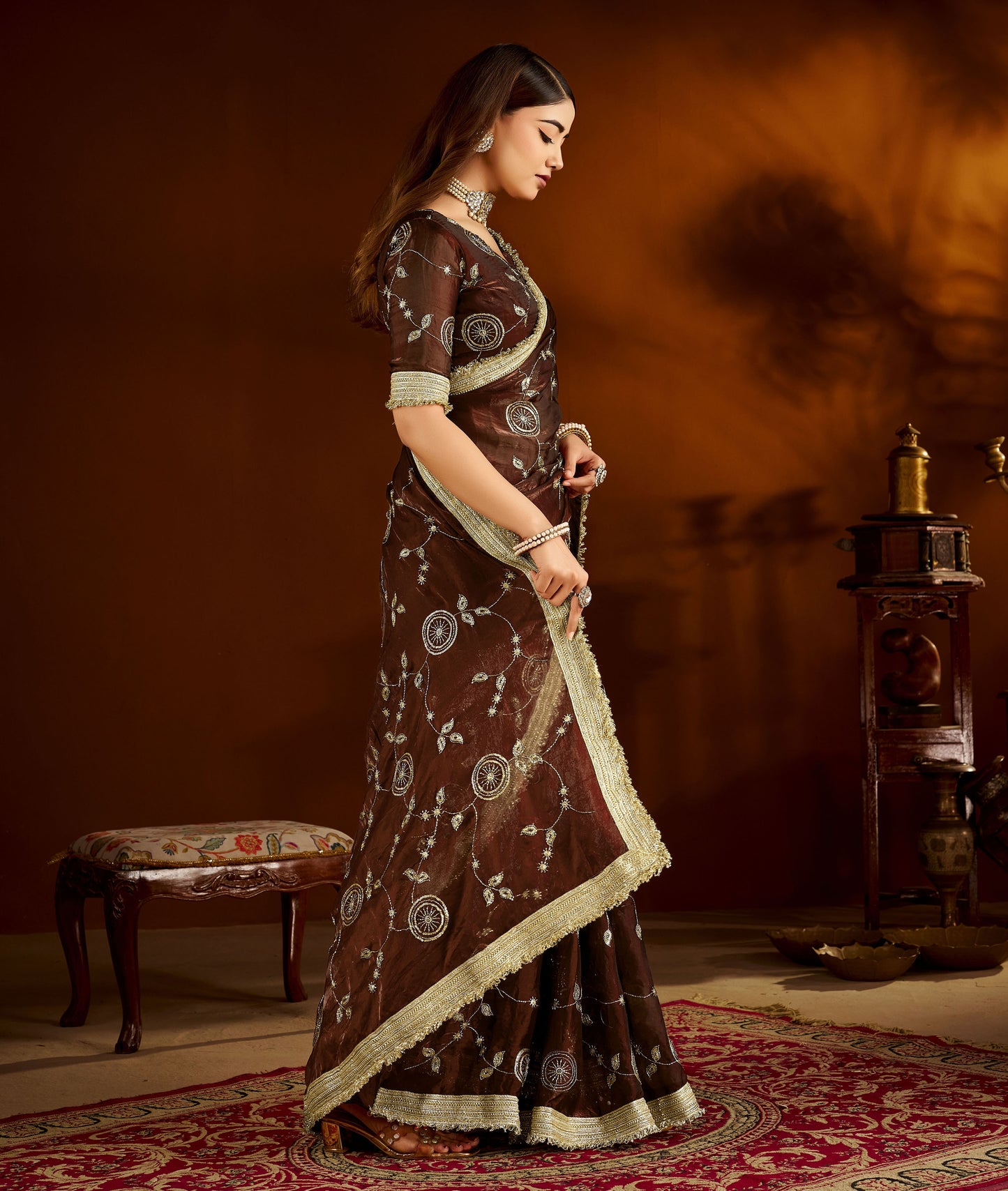 Choclate Color Satin Silk Saree with Heavy Embroidered Work