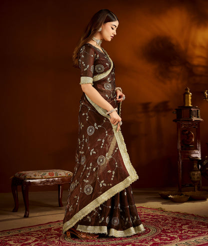 Choclate Color Satin Silk Saree with Heavy Embroidered Work