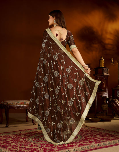 Choclate Color Satin Silk Saree with Heavy Embroidered Work