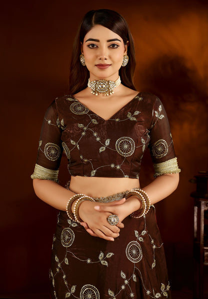 Choclate Color Satin Silk Saree with Heavy Embroidered Work
