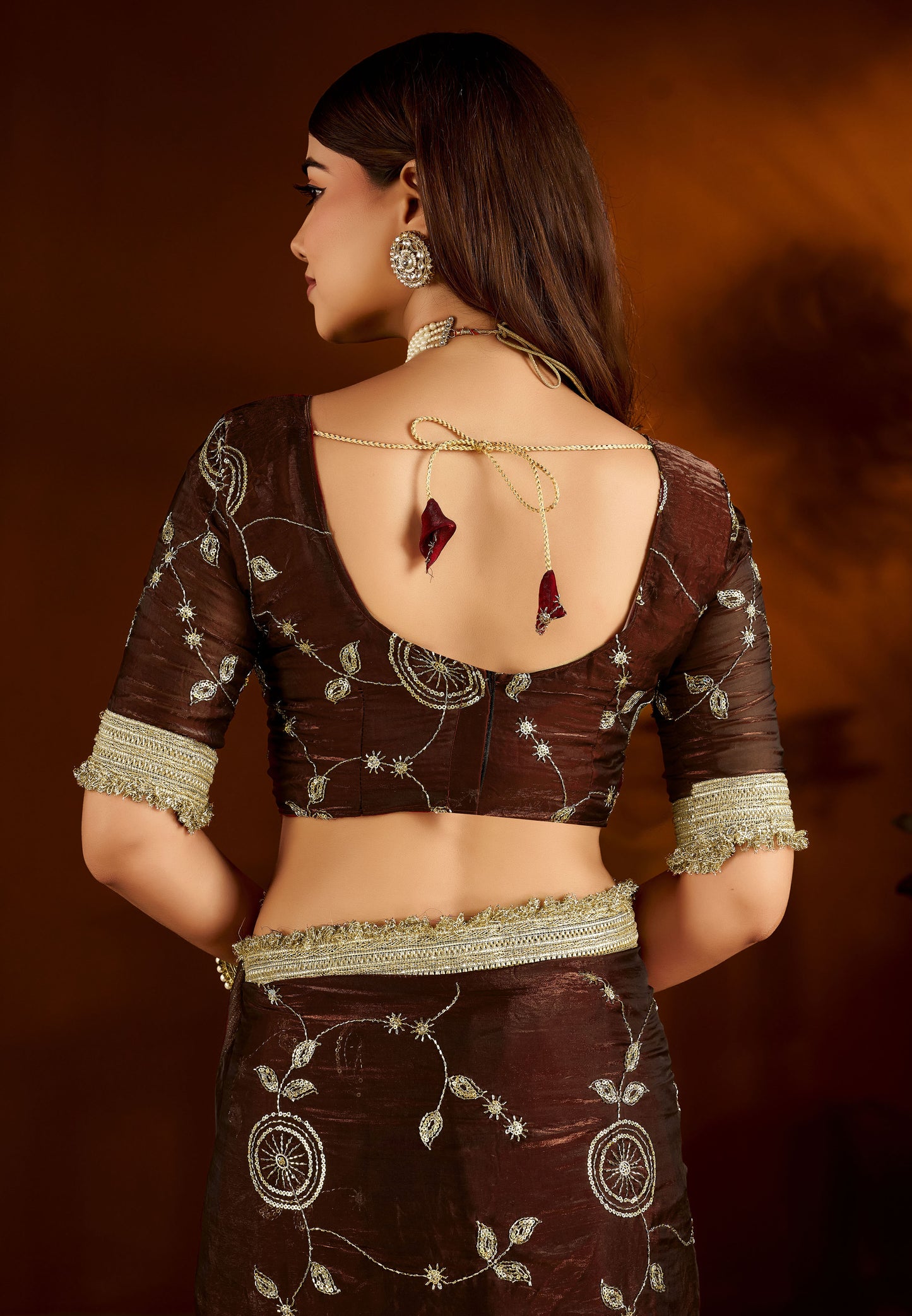 Choclate Color Satin Silk Saree with Heavy Embroidered Work