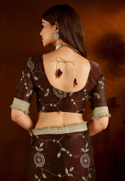 Choclate Color Satin Silk Saree with Heavy Embroidered Work