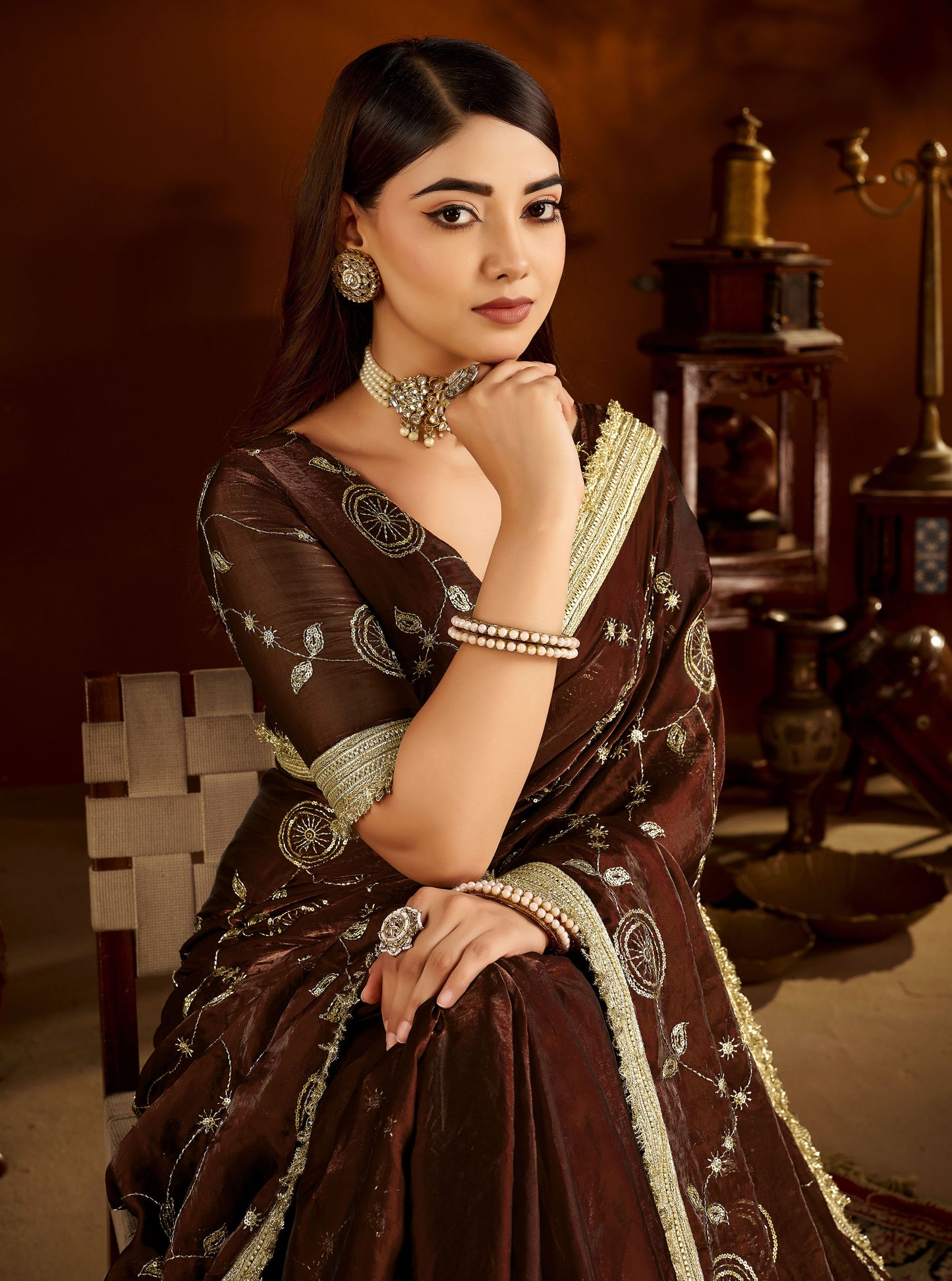 Choclate Color Satin Silk Saree with Heavy Embroidered Work