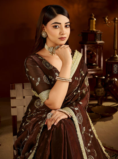 Choclate Color Satin Silk Saree with Heavy Embroidered Work