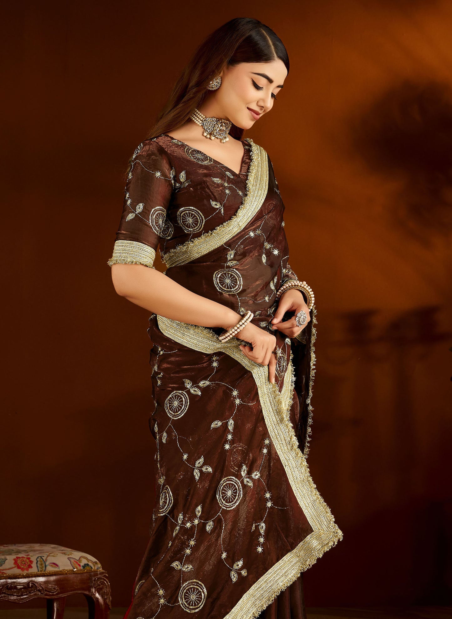 Choclate Color Satin Silk Saree with Heavy Embroidered Work