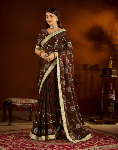 Choclate Color Satin Silk Saree with Heavy Embroidered Work