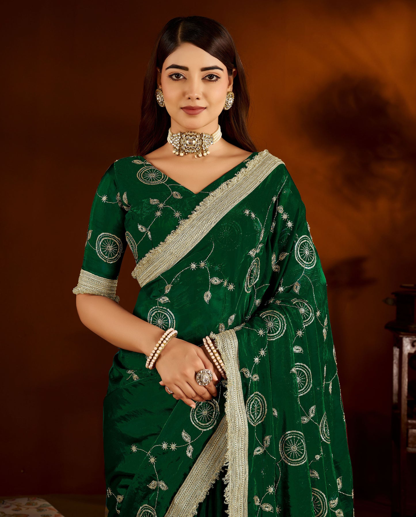 Green Color Satin Silk Saree with Heavy Embroidered Work