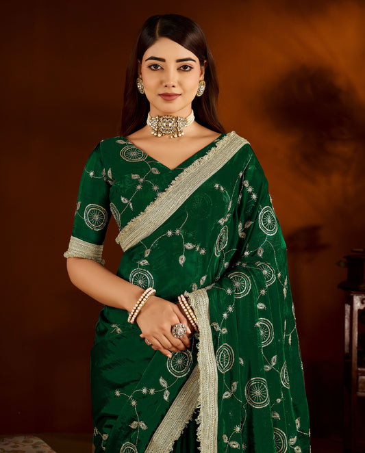 Green Color Satin Silk Saree with Heavy Embroidered Work