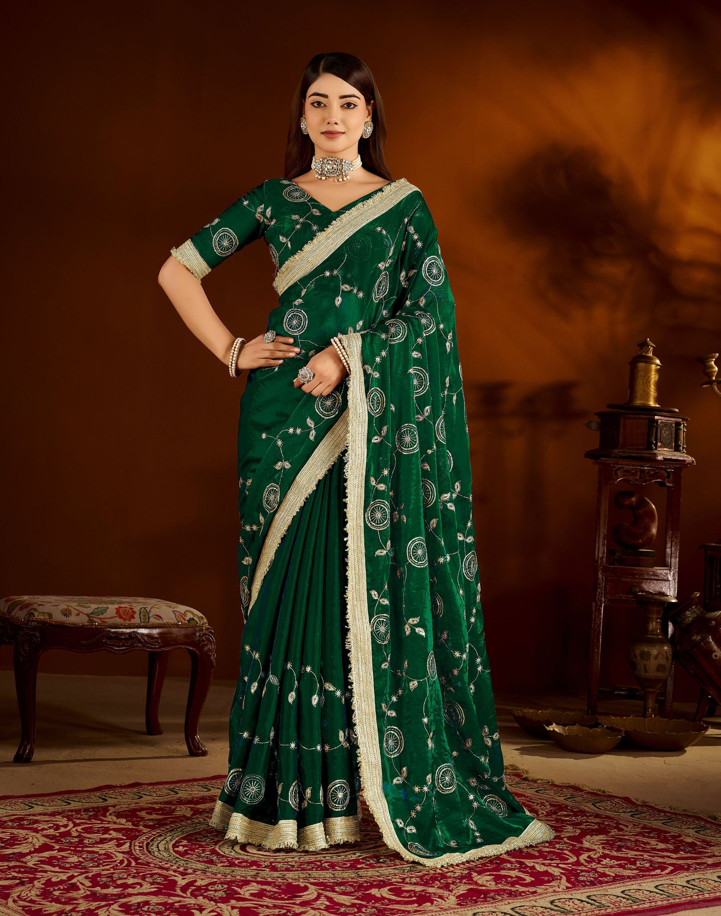 Green Color Satin Silk Saree with Heavy Embroidered Work