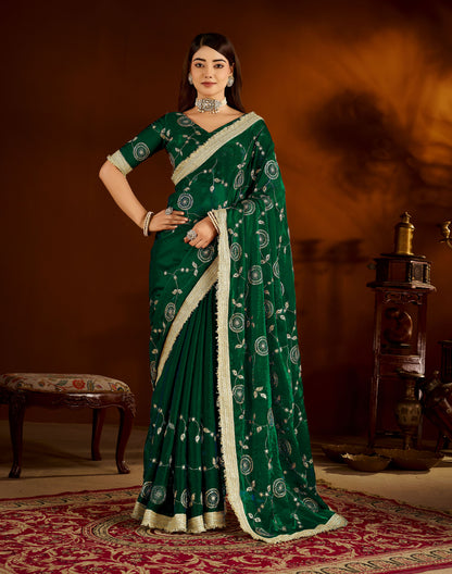 Green Color Satin Silk Saree with Heavy Embroidered Work