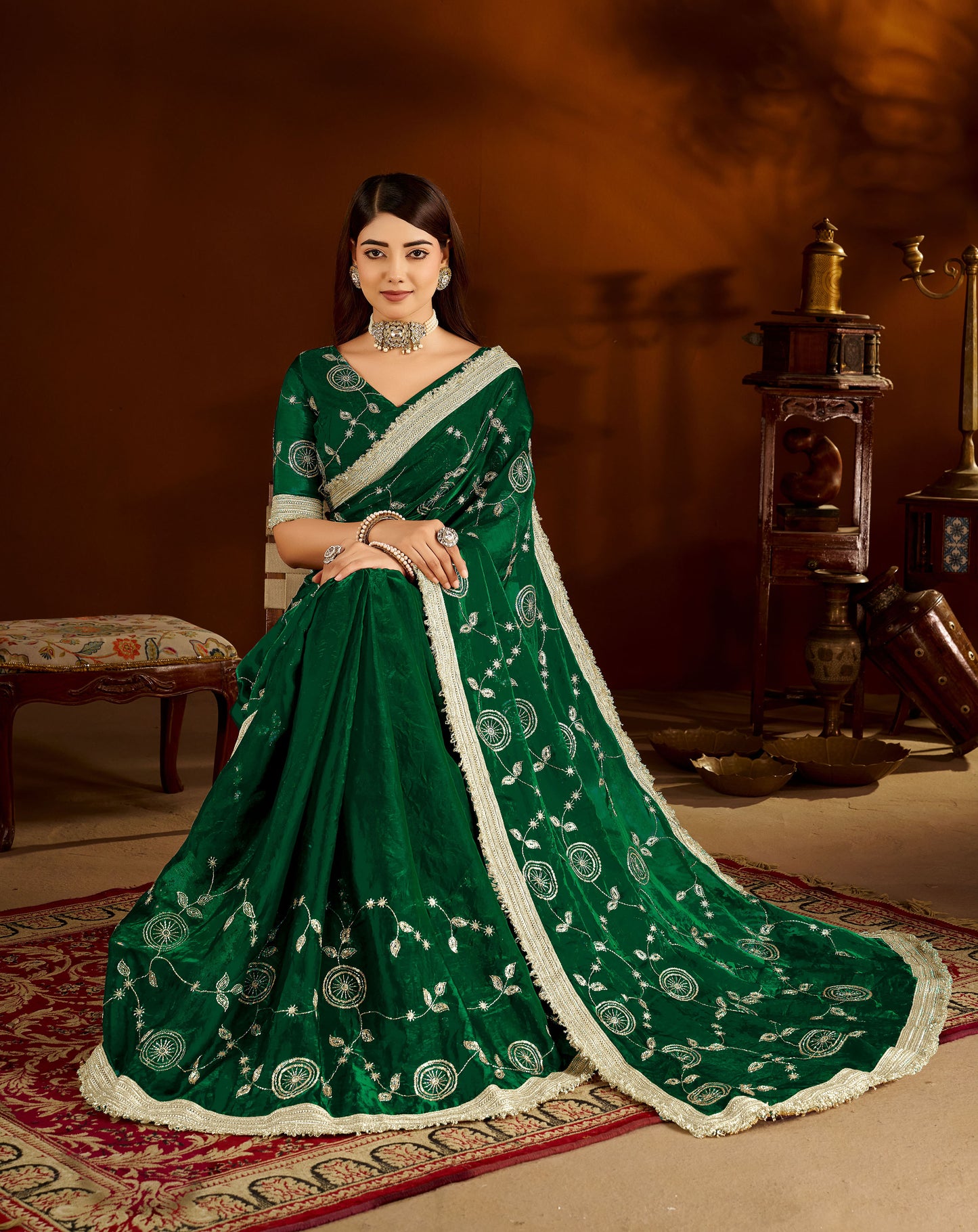 Green Color Satin Silk Saree with Heavy Embroidered Work