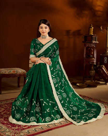 Green Color Satin Silk Saree with Heavy Embroidered Work