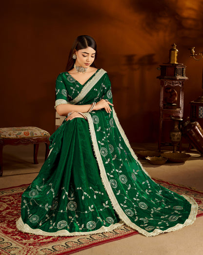 Green Color Satin Silk Saree with Heavy Embroidered Work
