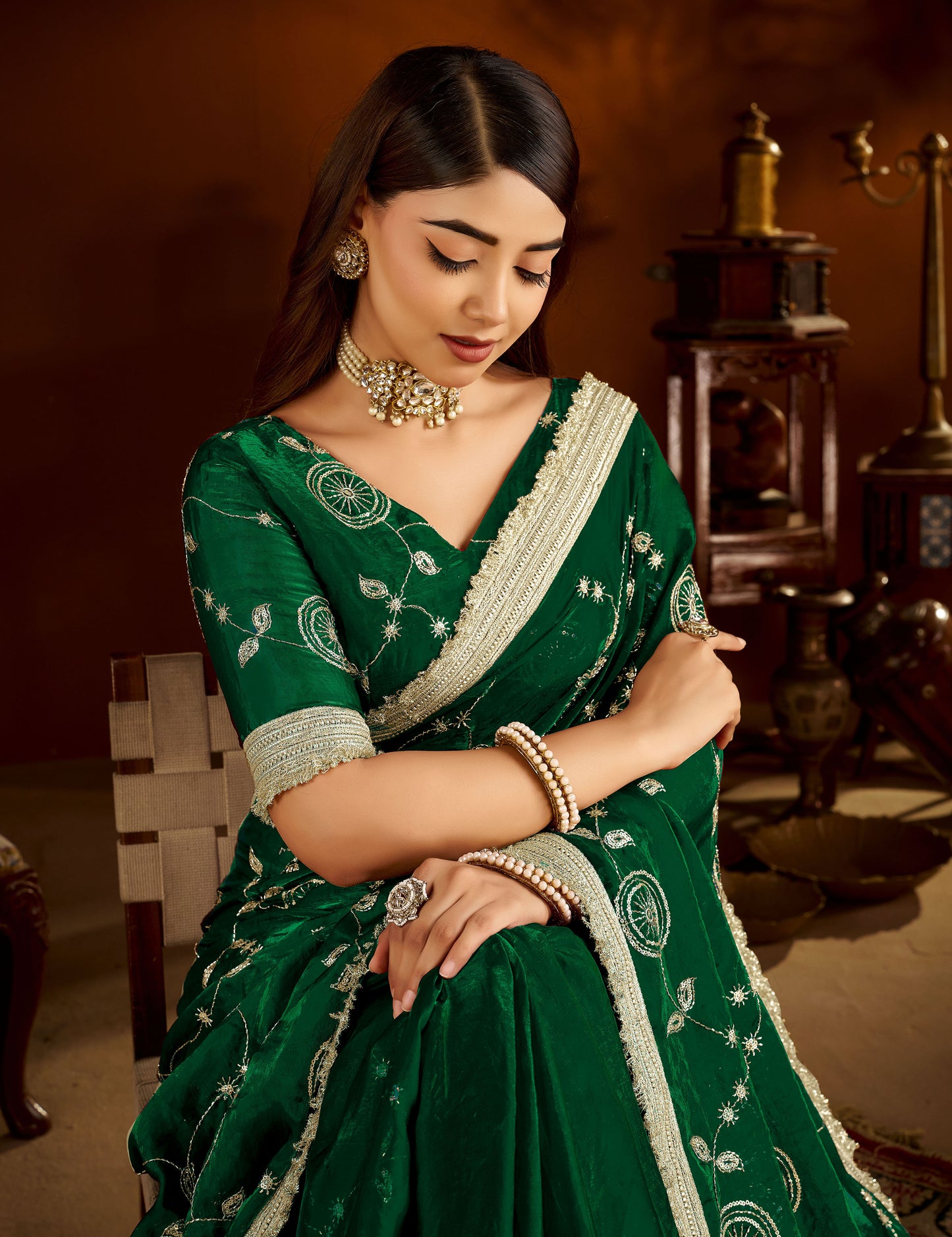 Green Color Satin Silk Saree with Heavy Embroidered Work