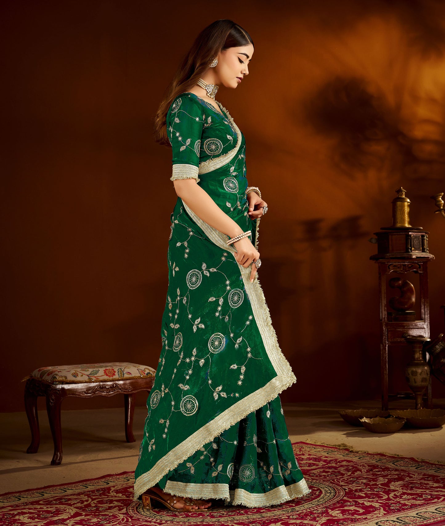Green Color Satin Silk Saree with Heavy Embroidered Work