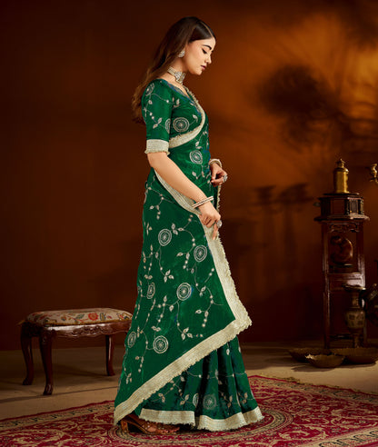 Green Color Satin Silk Saree with Heavy Embroidered Work