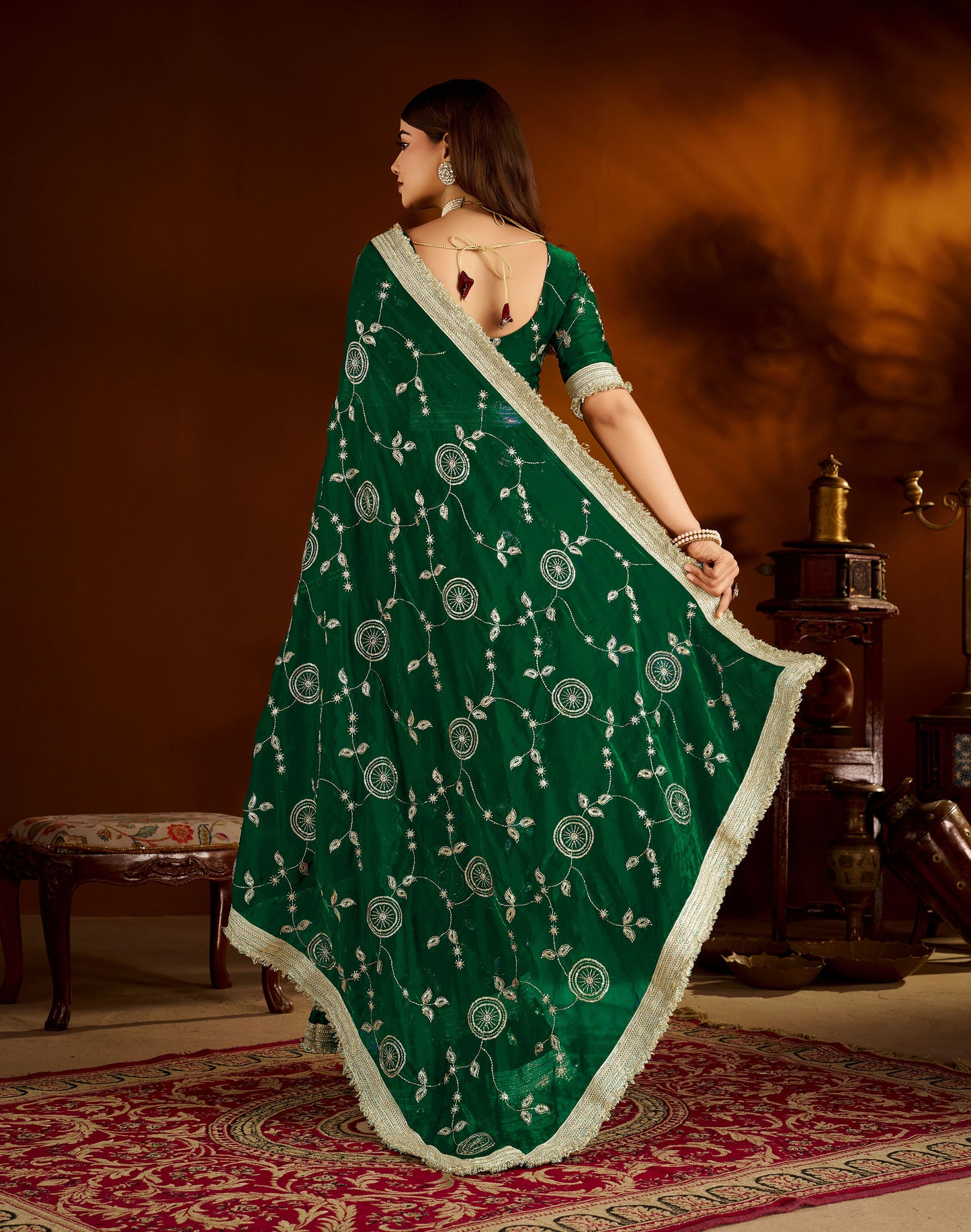 Green Color Satin Silk Saree with Heavy Embroidered Work