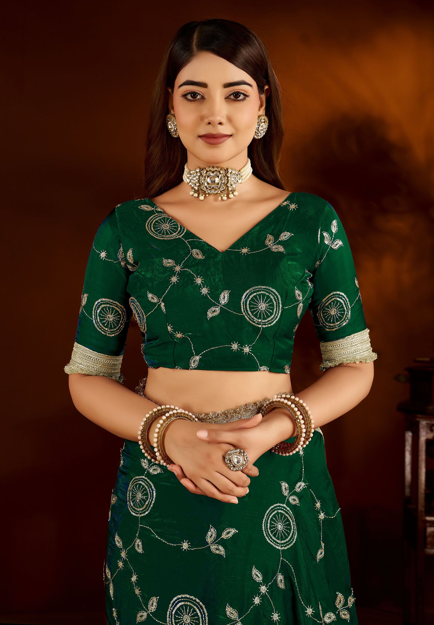 Green Color Satin Silk Saree with Heavy Embroidered Work
