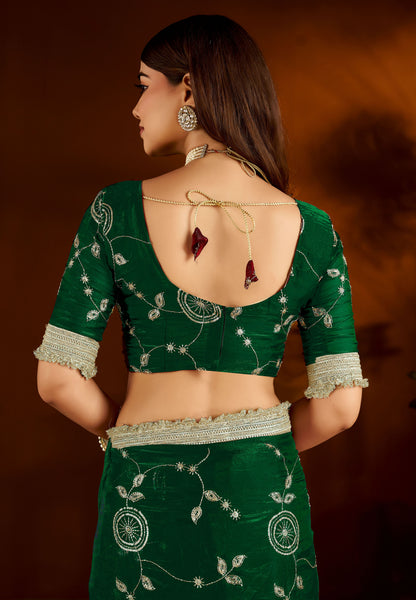Green Color Satin Silk Saree with Heavy Embroidered Work