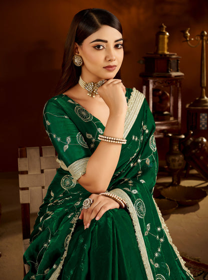 Green Color Satin Silk Saree with Heavy Embroidered Work
