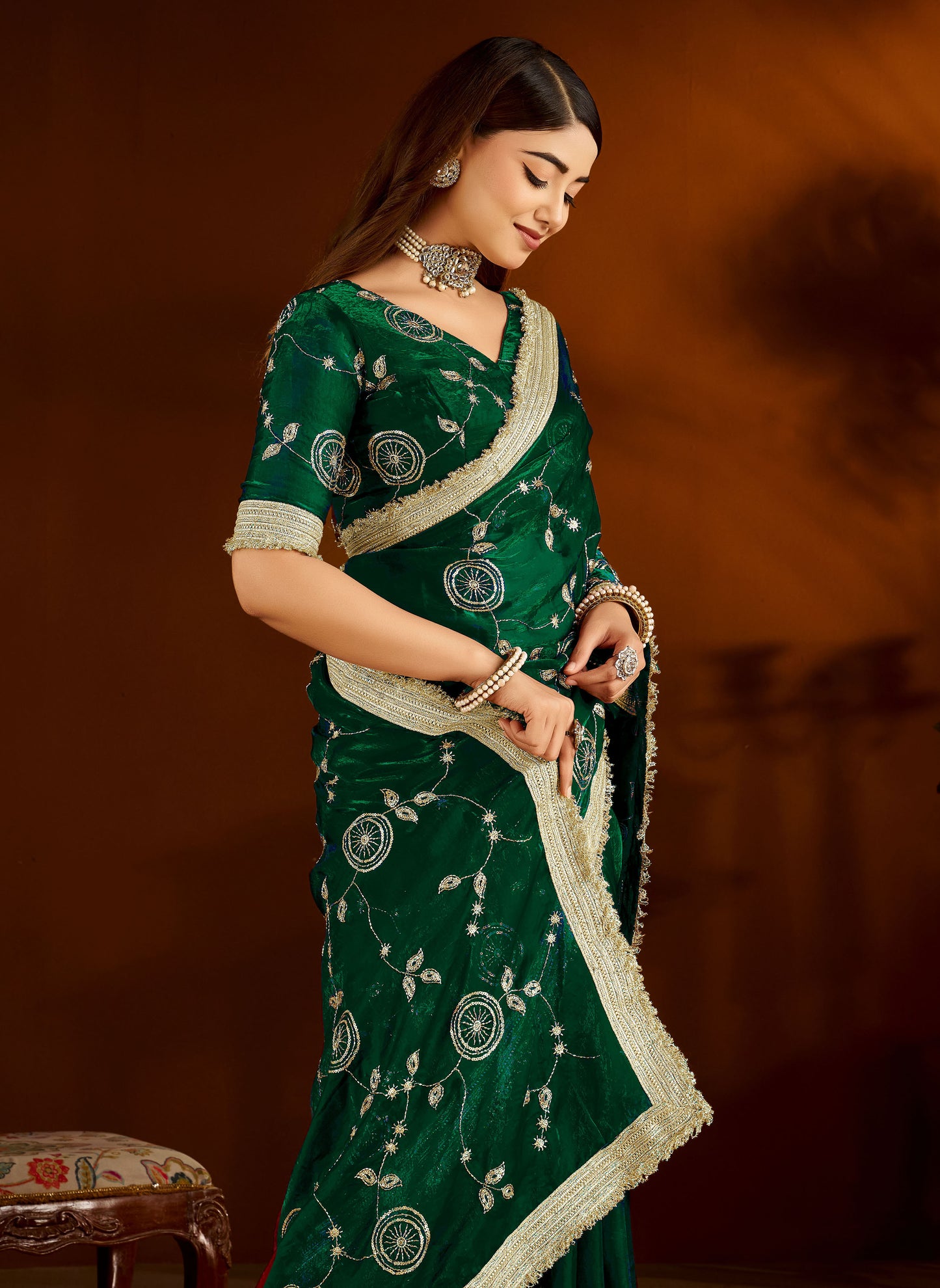 Green Color Satin Silk Saree with Heavy Embroidered Work