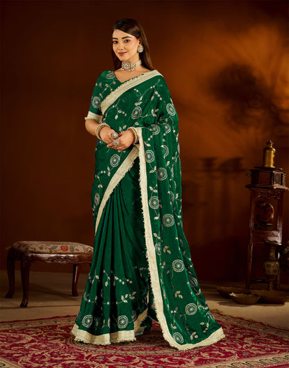 Green Color Satin Silk Saree with Heavy Embroidered Work
