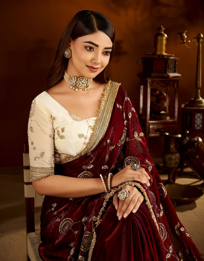 Maroon Color Satin Silk Saree with Beige Blouse Heavy Embroidered Work