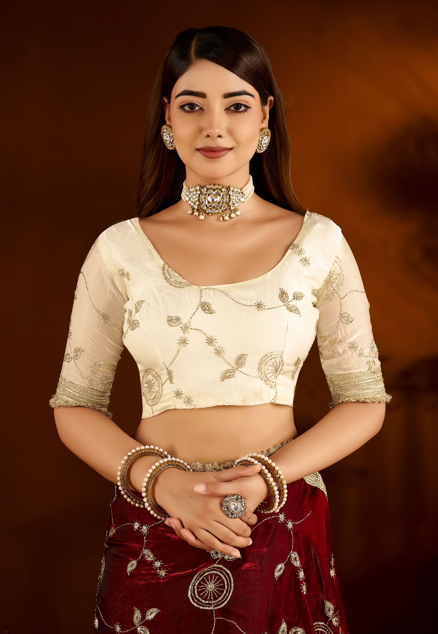 Maroon Color Satin Silk Saree with Beige Blouse Heavy Embroidered Work