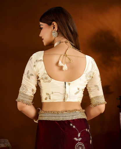 Maroon Color Satin Silk Saree with Beige Blouse Heavy Embroidered Work