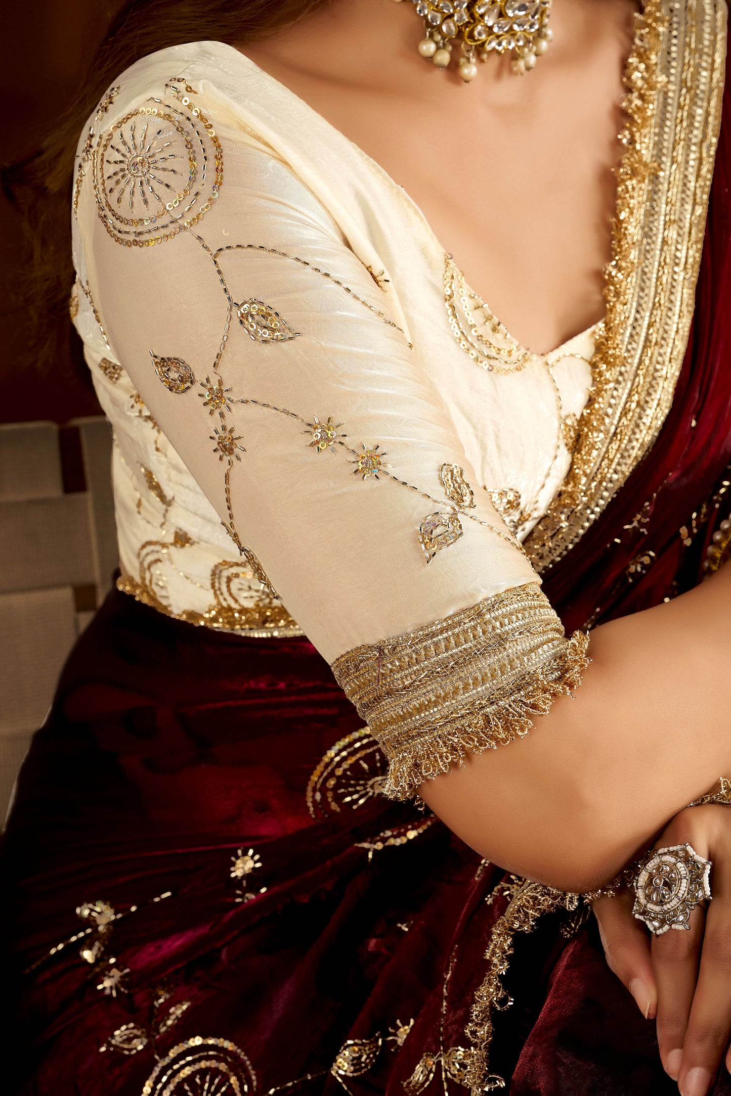 Maroon Color Satin Silk Saree with Beige Blouse Heavy Embroidered Work
