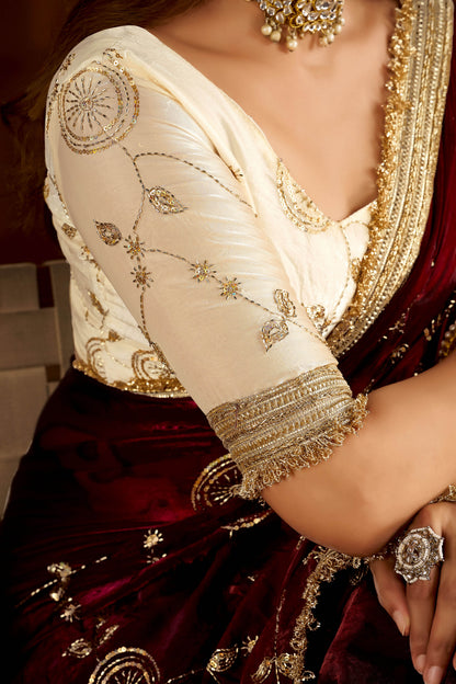 Maroon Color Satin Silk Saree with Beige Blouse Heavy Embroidered Work