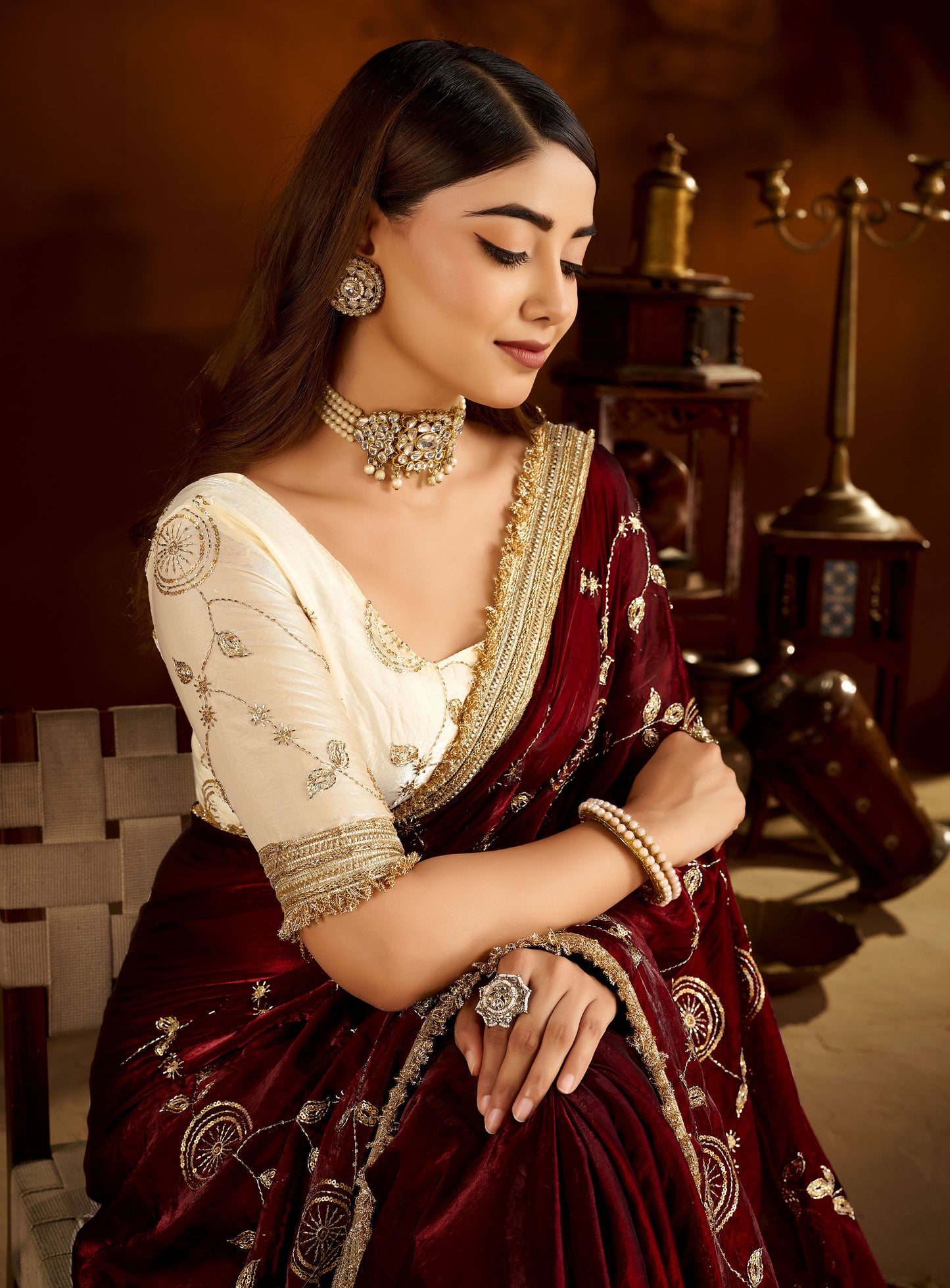 Maroon Color Satin Silk Saree with Beige Blouse Heavy Embroidered Work