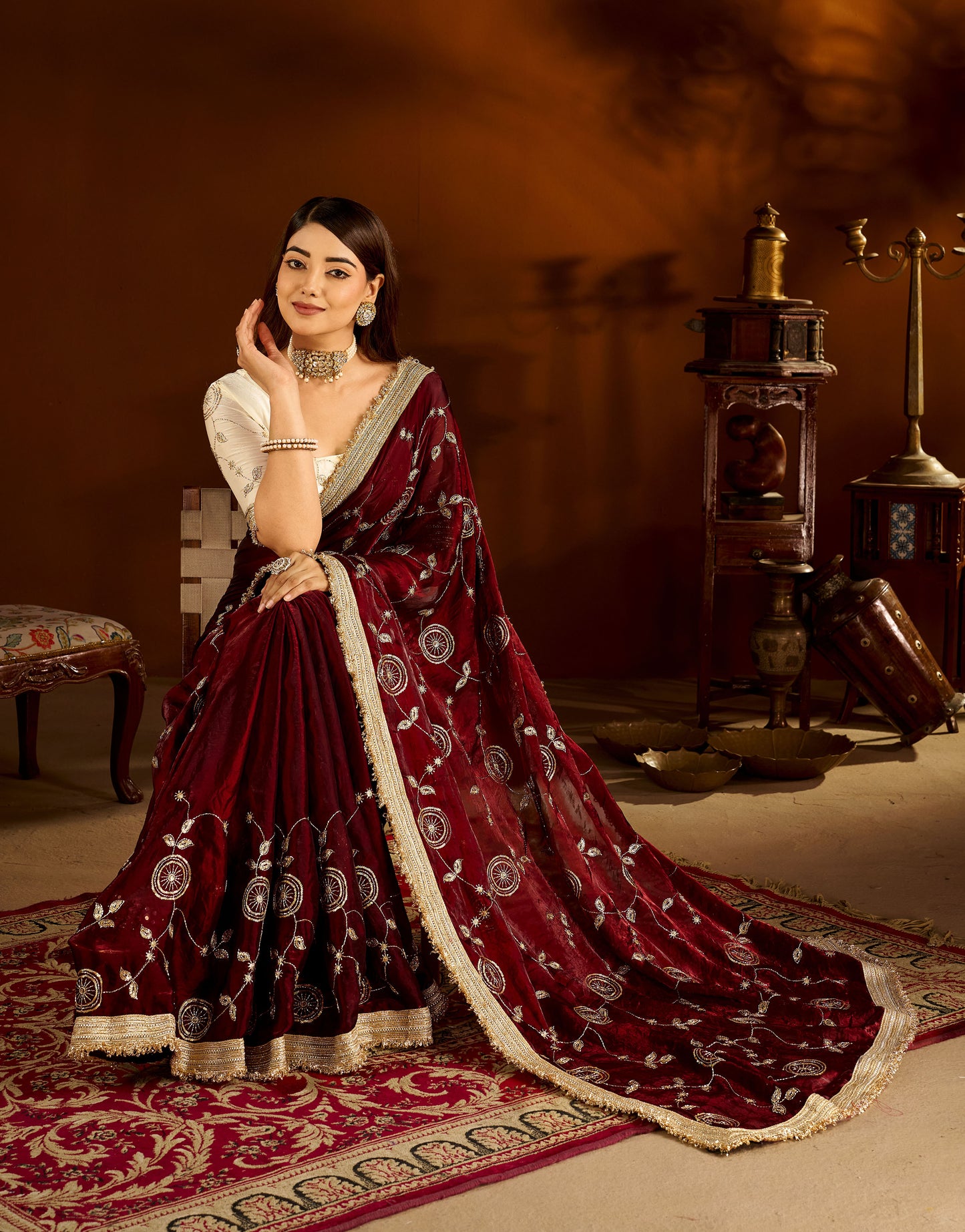 Maroon Color Satin Silk Saree with Beige Blouse Heavy Embroidered Work