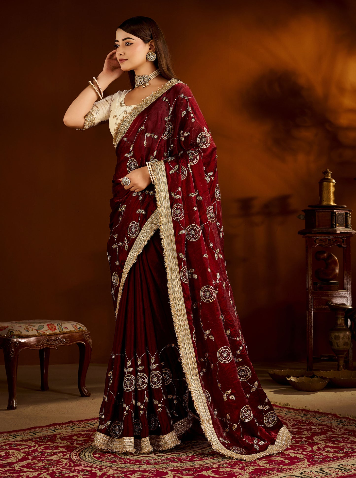 Maroon Color Satin Silk Saree with Beige Blouse Heavy Embroidered Work