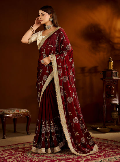 Maroon Color Satin Silk Saree with Beige Blouse Heavy Embroidered Work
