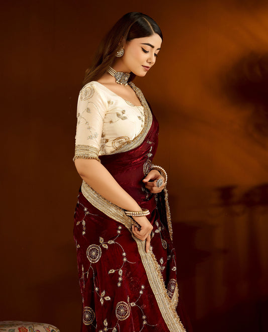 Maroon Color Satin Silk Saree with Beige Blouse Heavy Embroidered Work
