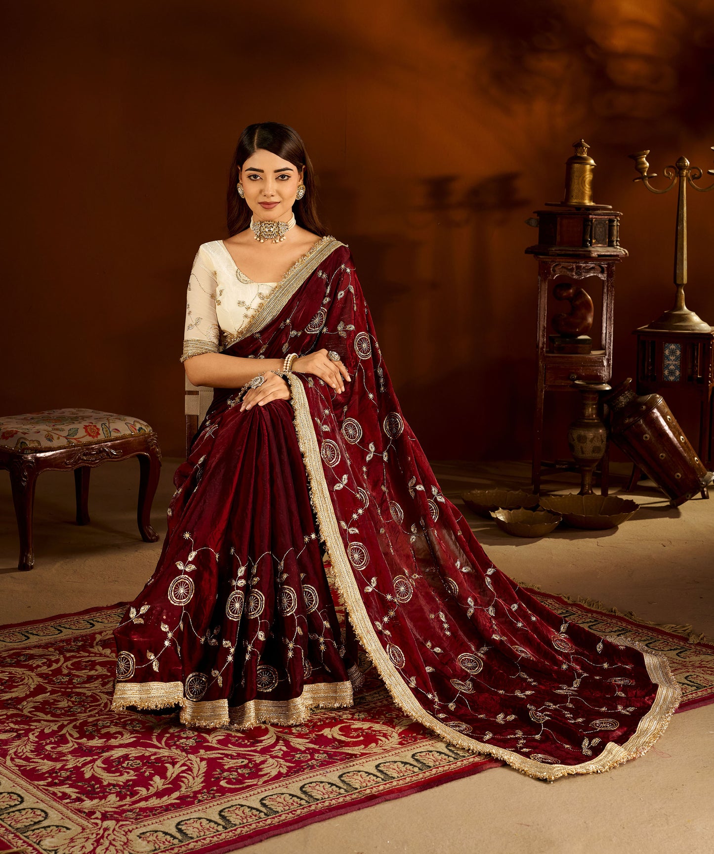 Maroon Color Satin Silk Saree with Beige Blouse Heavy Embroidered Work