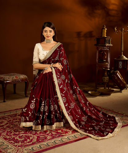 Maroon Color Satin Silk Saree with Beige Blouse Heavy Embroidered Work