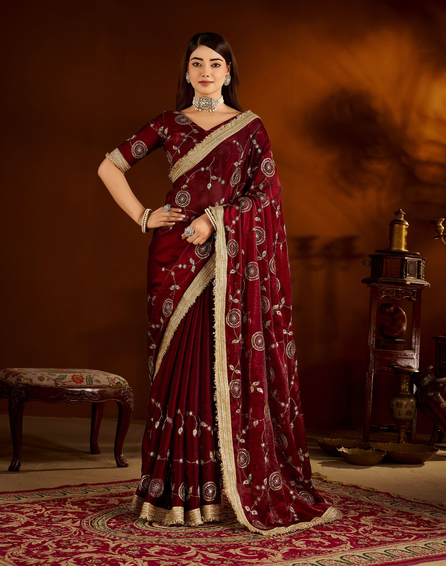 Maroon Satin Silk Saree with Heavy Embroidered Work