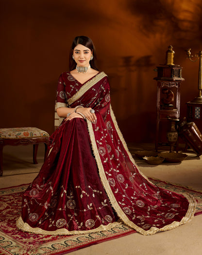 Maroon Satin Silk Saree with Heavy Embroidered Work