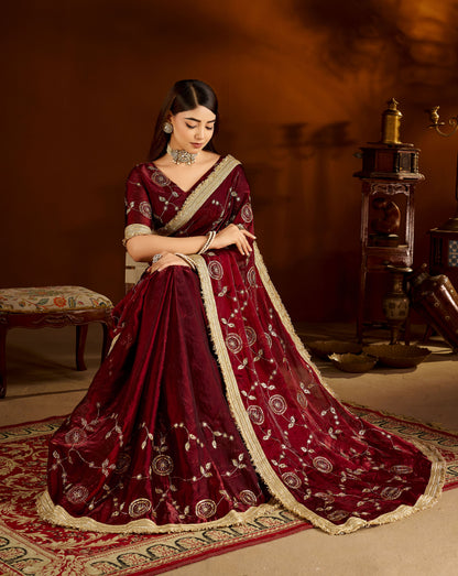 Maroon Satin Silk Saree with Heavy Embroidered Work