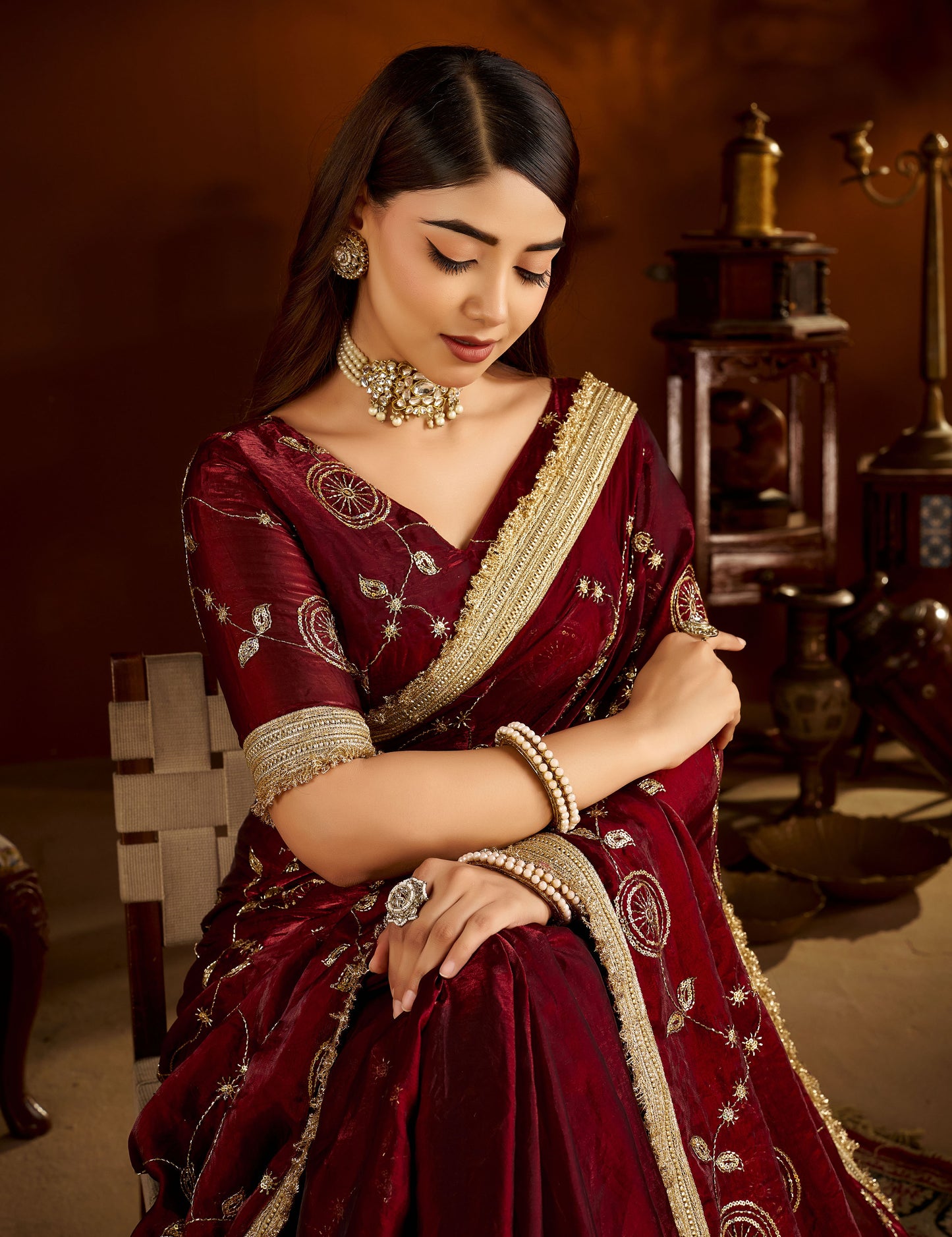 Maroon Satin Silk Saree with Heavy Embroidered Work